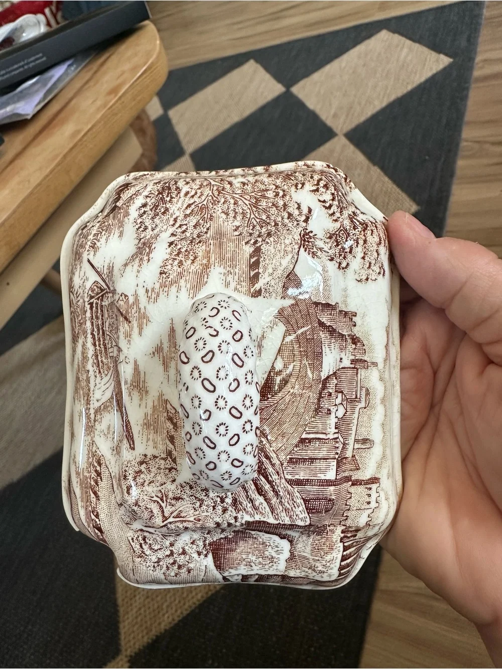Vintage Brown Transferware lidded Tureen Korea crazing 6”Hx8”Wx 4”D